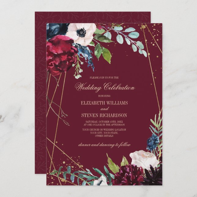Invitation Violet | Mariage géométrique floral bleu marine (Devant / Derrière)