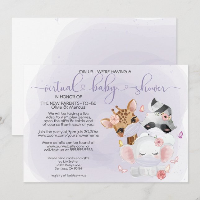 Invitation Violet mignon animaux dans les masques Baby shower (Devant / Derrière)