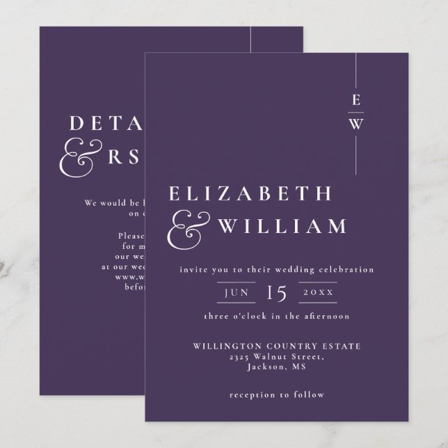 Invitation Violet moderne élégant Monogramme Mariage QR Code (Devant / Derrière)