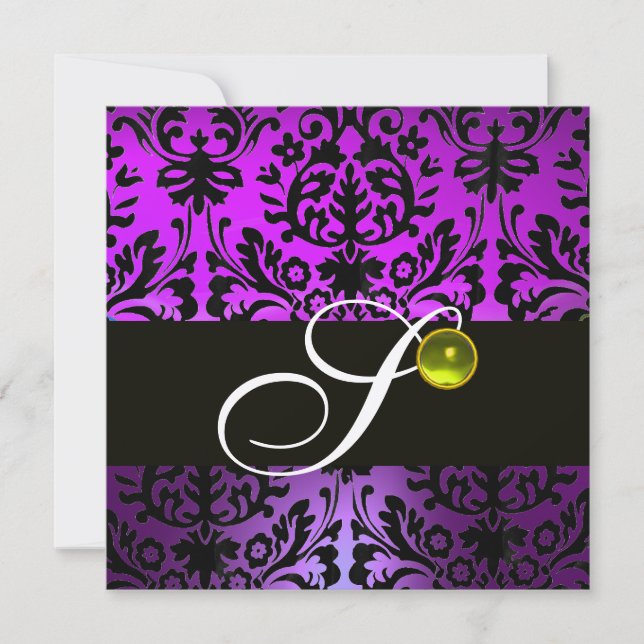 Invitation VIOLET NOIR DAMAS MONOGRAMME JAUNE TOPAZE Or (Devant)