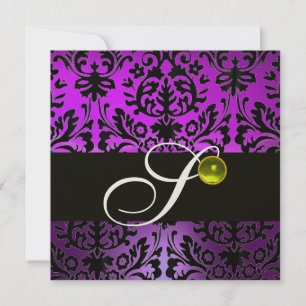 Invitation VIOLET NOIR DAMAS MONOGRAMME JAUNE TOPAZE Or
