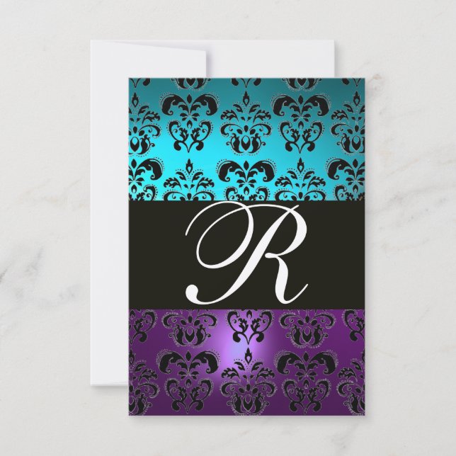 Invitation VIOLET NOIR DAMAS MONOGRAMME RSVP , bleu turquoise (Devant)