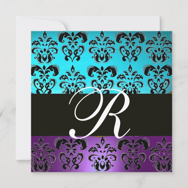 INVITATION VIOLET NOIR SARCELLE BLEU TURQUOISE DAMAS MONOGRAM (Devant)