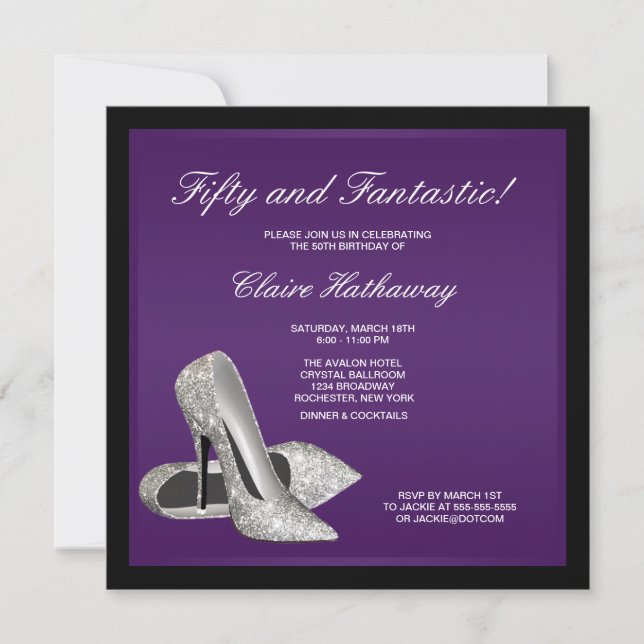 Invitation Violet noir talons hauts femmes 50e anniversaire (Devant)