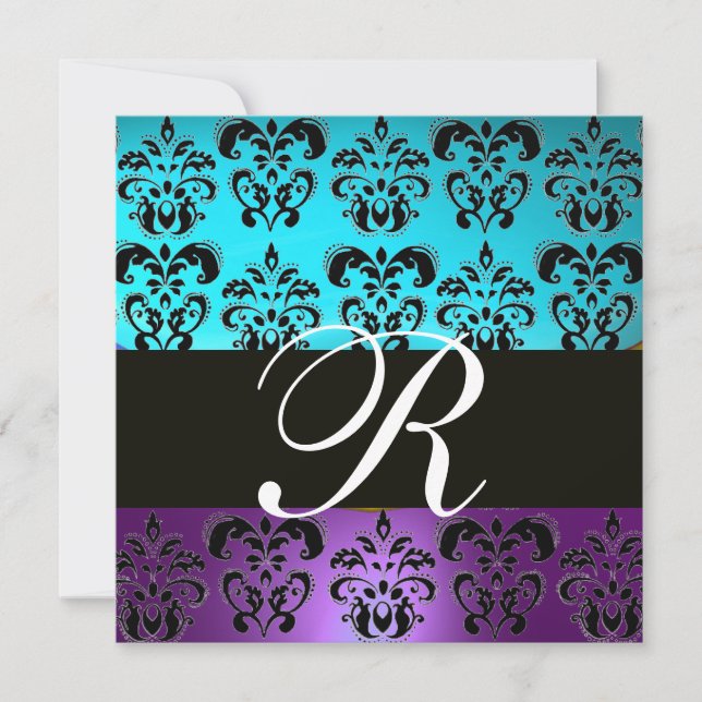 INVITATION VIOLET NOIR TEAL BLEU TURQUOISE DAMAS MONOGRAMME (Devant)