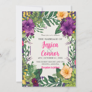 Invitation Violet Orange Floral Mariage Feuilles Vibrant coul