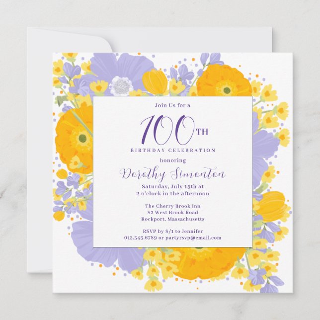 Invitation Violet Orange Jaune Fleurs sauvages 100e anniversa (Devant)