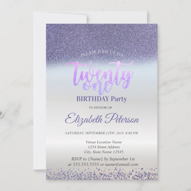 Invitation Violet Paillettes Diamants Argent 21e Anniversaire (Devant)