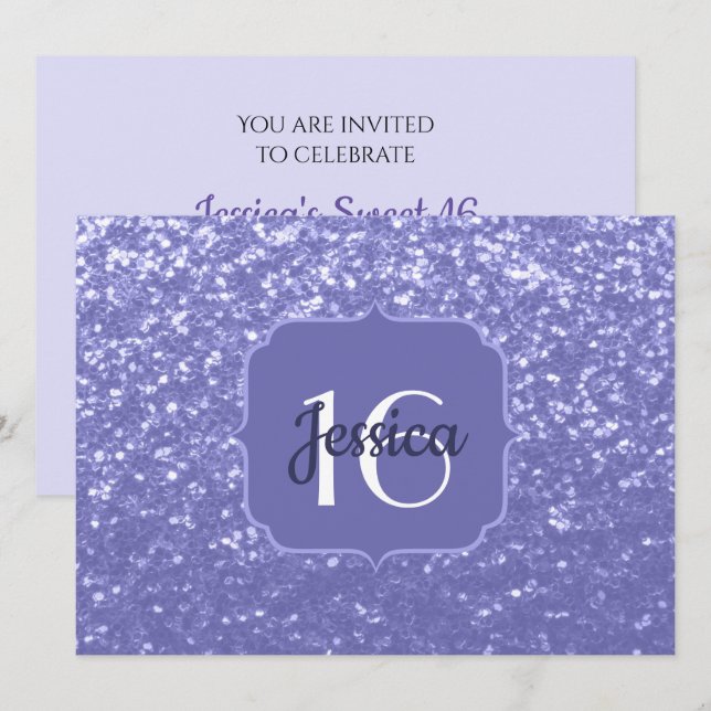 Invitation Violet parties scintillant étincelante Sweet 16 Mo (Devant / Derrière)