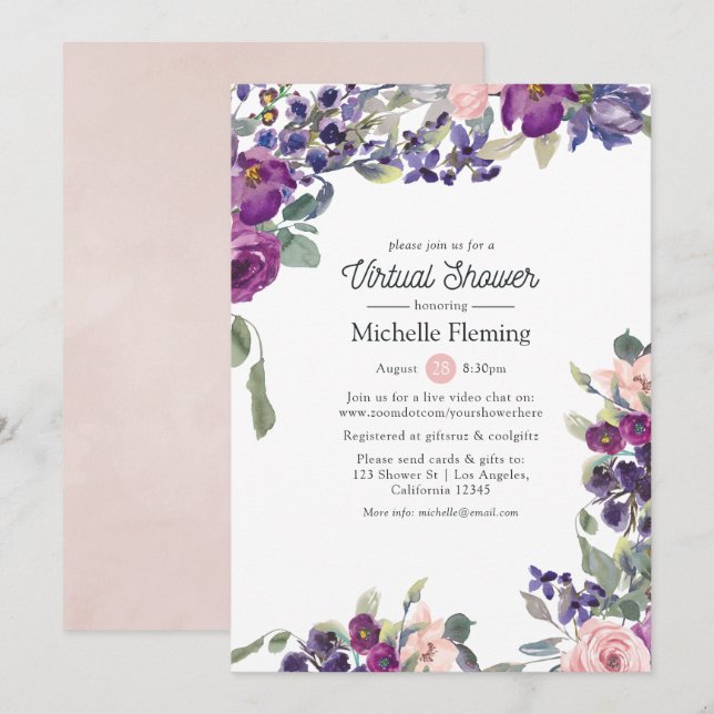 Invitation Violet, Plum et Blush Virtual Baby ou Fête des mar (Devant / Derrière)