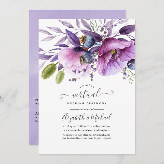 Invitation Violet Poppy Floral Mariage virtuel en ligne (Devant / Derrière)