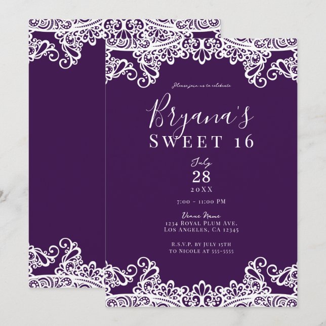 Invitation Violet Pourpre & Dentelle Dorée Élégante Fête Douc (Devant / Derrière)