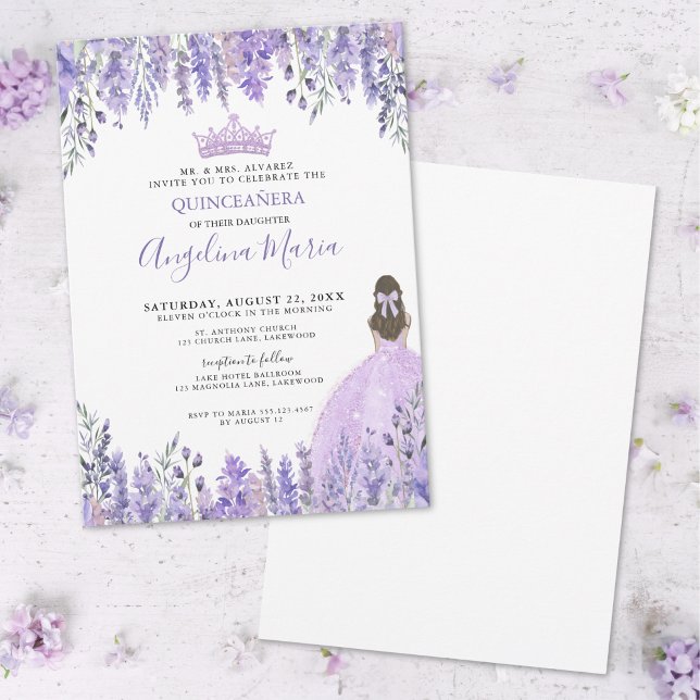 Invitation Violet pourpre Étincelle Tiara Floral Quinceañera (Purple Violet Sparkle Tiara Floral Quinceañera Invitation)