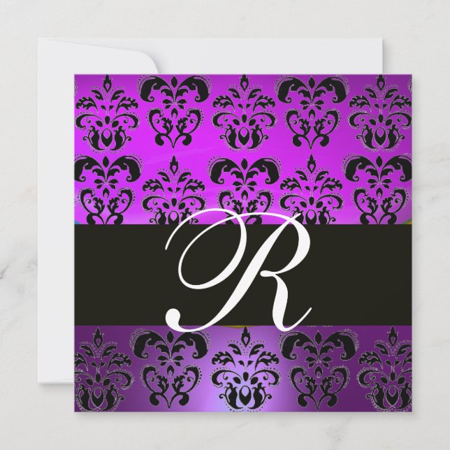 Invitation VIOLET POURPRE NOIR DAMAS MONOGRAMME,,blanc (Devant)