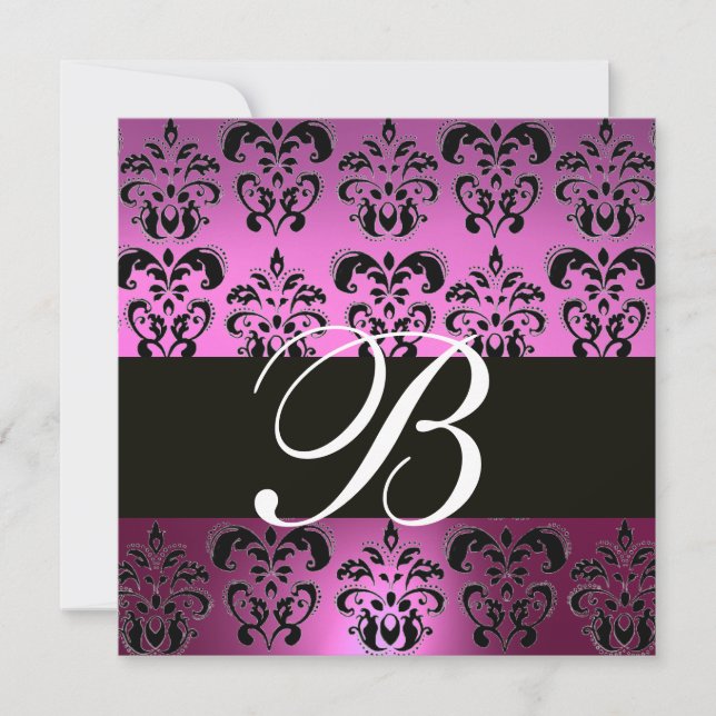 Invitation VIOLET POURPRE NOIR DAMAS MONOGRAMME, blanc, (Devant)