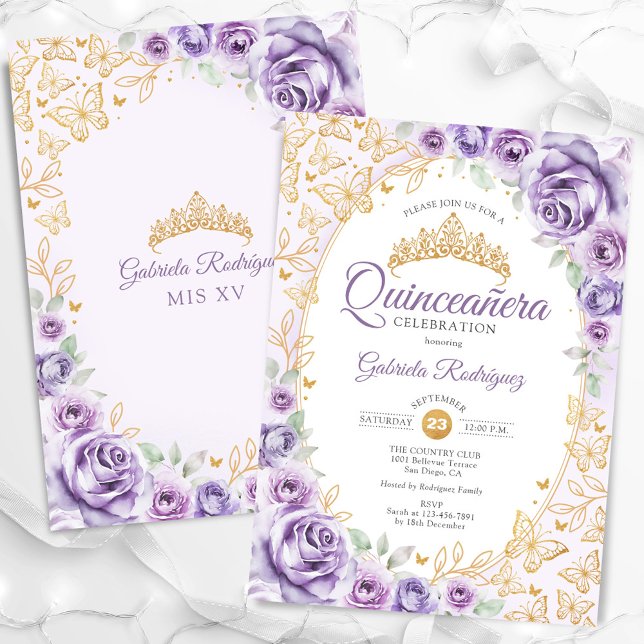 Invitation Violet pourpre or floral Quinceanera (Créateur téléchargé)