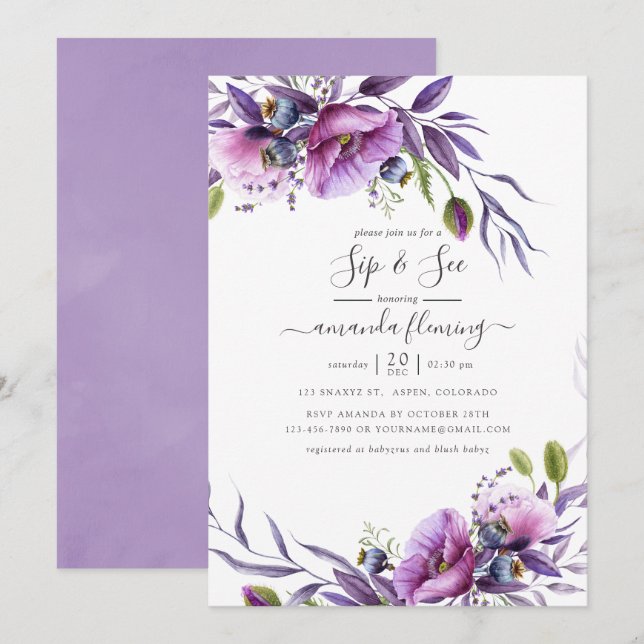 Invitation Violet Pourpre Poppy Floral Sip and See (Devant / Derrière)