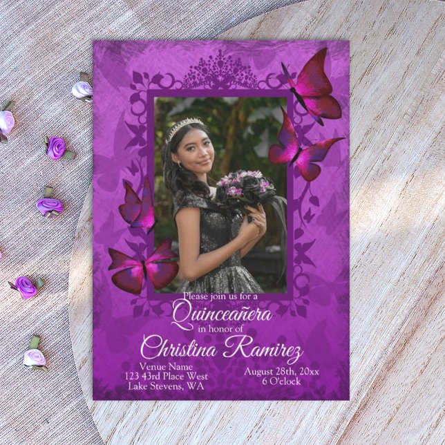 Invitation Violet Pourpre Royal Papillon de Quinceanera (dark purple violet magenta quinceanera invitations, royal purple, maroon mis quince anos)