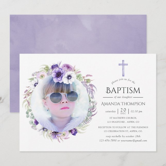 Invitation Violet Poussiéreux Fleur Baptême (Devant / Derrière)