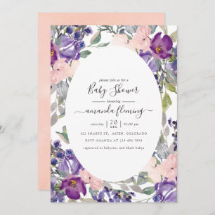Invitation Violet, prune et Baby shower floral transparent