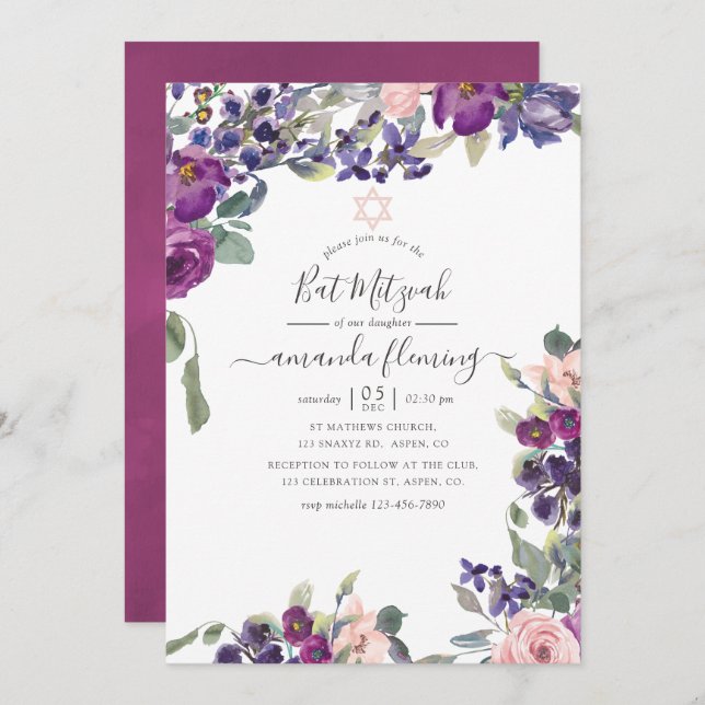 Invitation Violet, prune et Bat mitzvah floral floue (Devant / Derrière)