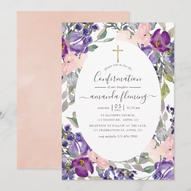 Invitation Violet, prune et floral blush de confirmation (Devant / Derrière)