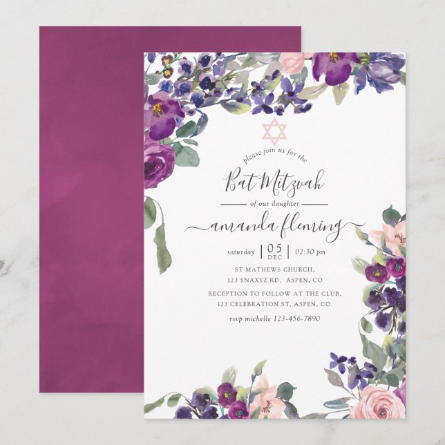 Invitation Violet, prune et floral rose Bar Mitzvah (Devant / Derrière)