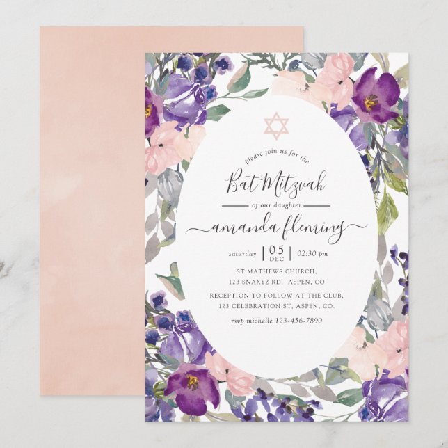Invitation Violet, prune et floral rose Bat Mitzvah (Devant / Derrière)