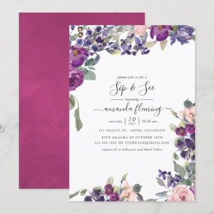 Invitation Violet, prune et floral rose pâle Sip and See