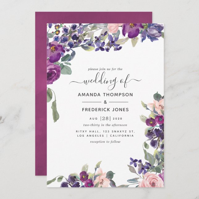Invitation Violet, prune et Mariage floral floue (Devant / Derrière)