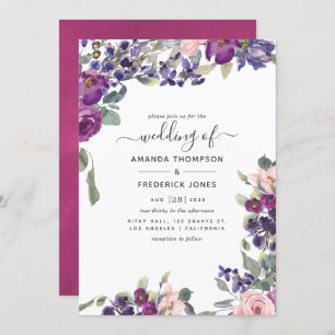 Invitation Violet, prune et Mariage floral floue