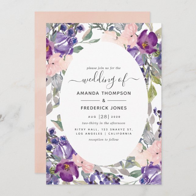 Invitation Violet, prune et Mariage floral floue (Devant / Derrière)