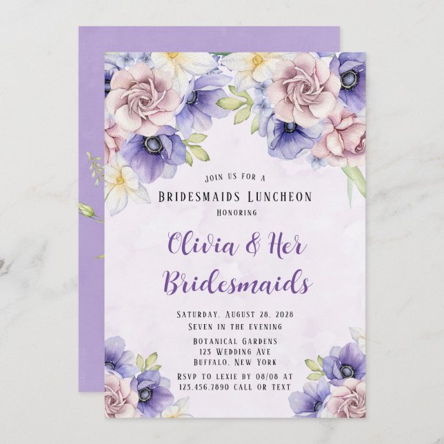 Invitation Violet Purple Aquarelle Floral Bridesmaids Déjeune (Devant / Derrière)