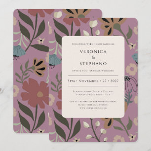 Invitation Violet rétro, vert, brun, floral, mariage