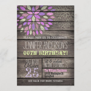 Invitation Violet, rose, Fleur verte Bois rustique Anniversai