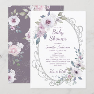 Invitation Violet Rose Floral Parties scintillant Argent Baby
