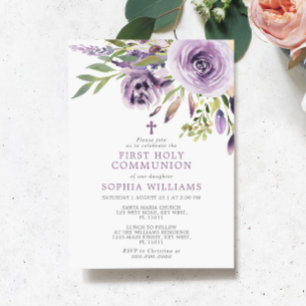 Invitation Violet Rose Floral Première sainte communion