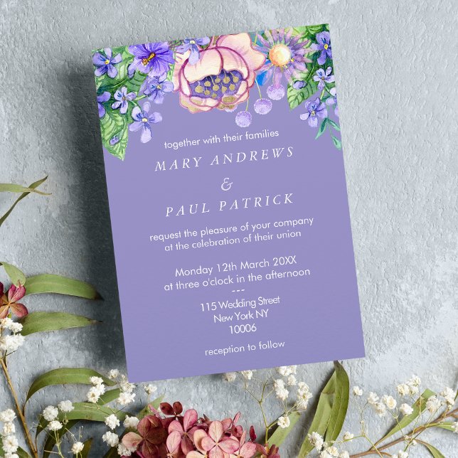 Invitation Violet rose lilas ivoire or fleur sauvage Mariage (Violet pink lilac ivory gold wildflowers Wedding )