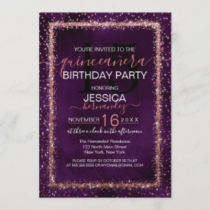 Invitation Violet Rose or arrosé Confetti Quinceañera