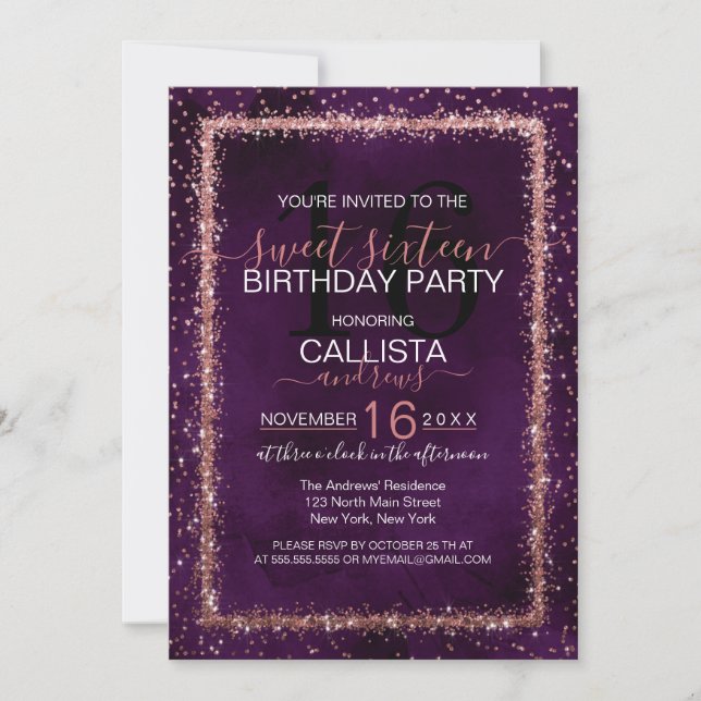 Invitation Violet Rose Or Sprinkled Confetti Sweet 16 (Devant)