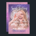 Invitation Violet rose triple Parties scintillant Ombre Photo<br><div class="desc">Cette invitation à la fête d'anniversaire de sweet sixteen photo girly, moderne et scintillante est parfaite pour la journée spéciale de votre fille adolescente. Il présente une photographie personnalisable de l'invité d'honneur et un violet imitation imprimé violet en rose rose en rose brillant parties scintillant ombre dégradé. C'est chic, élégant,...</div>