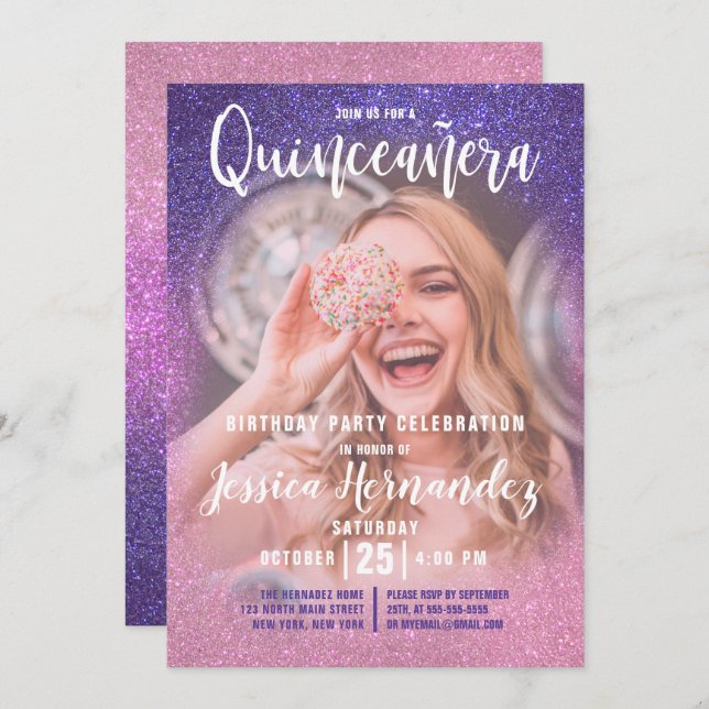 Invitation Violet rose triple Parties scintillant Ombre Photo (Devant / Derrière)