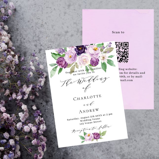 Invitation Violet rose violet fleurs violet rose QR RSVP mari (Créateur téléchargé)