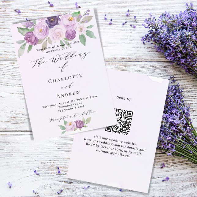 Invitation Violet rose violet rose QR RSVP mariage de luxe (Créateur téléchargé)