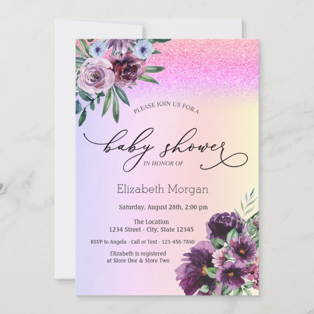 Invitation Violet Roses,Glitter Bokeh Baby Shower   (Devant)