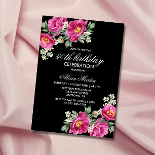 Invitation Violet rouge Peony Floral Noir 50e anniversaire