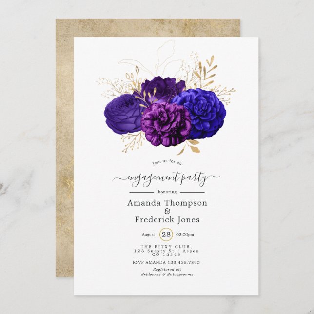 Invitation Violet, Royal Blue & Gold Floral Engagement Party (Devant / Derrière)