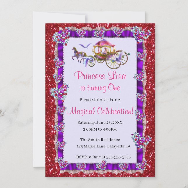 Invitation Violet Ruban Rouge Parties scintillant Royal Princ (Devant)