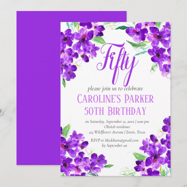 Invitation Violet rustique 50e anniversaire violet floral vio (Devant / Derrière)