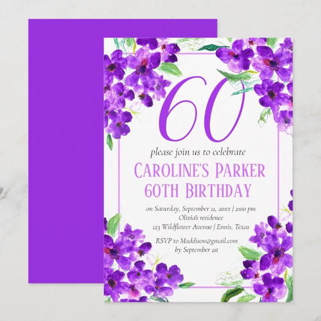 Invitation Violet rustique 60e anniversaire violet floral vio (Devant / Derrière)